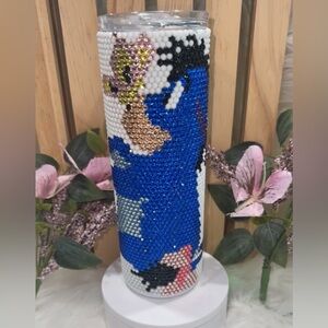Beaded Blue and Gold Tumbler